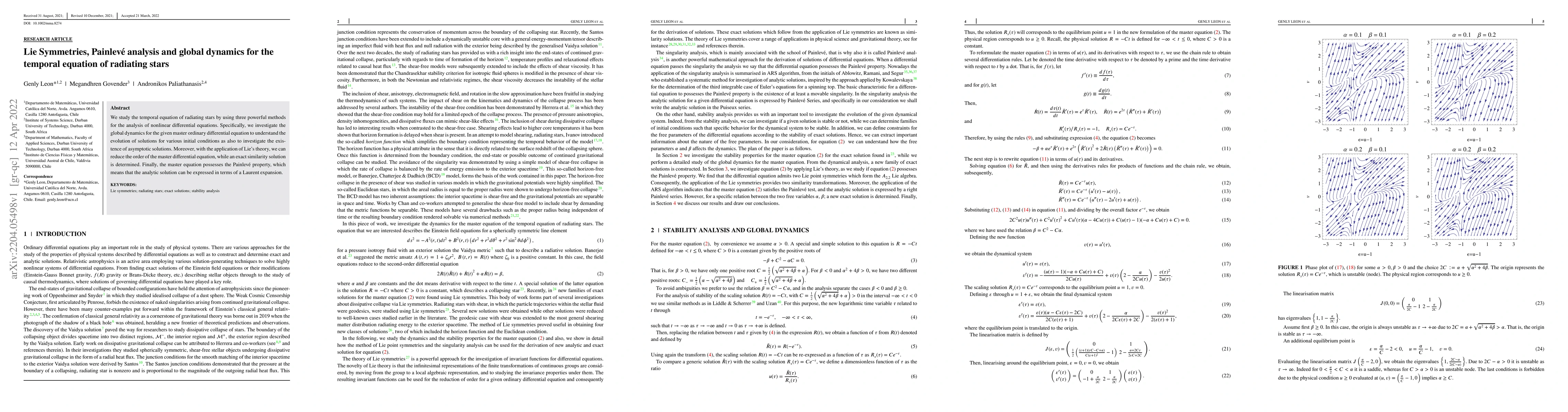 Thumbnail for Lie Symmetries, Painlev\'{e} analysis and global dynamics for the
  temporal equation of radiating stars