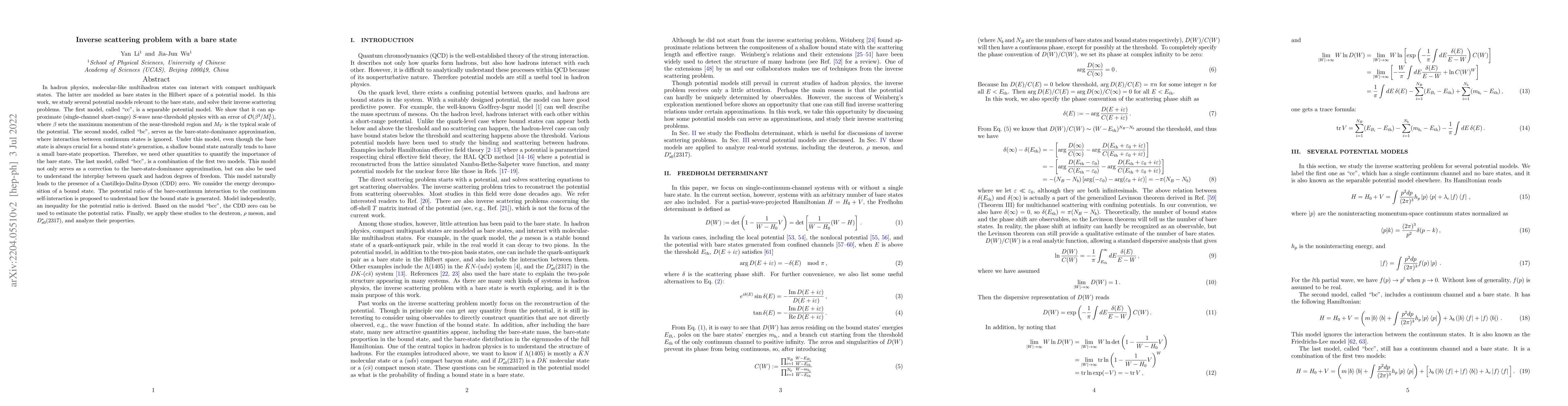 Thumbnail for Inverse scattering problem with a bare state