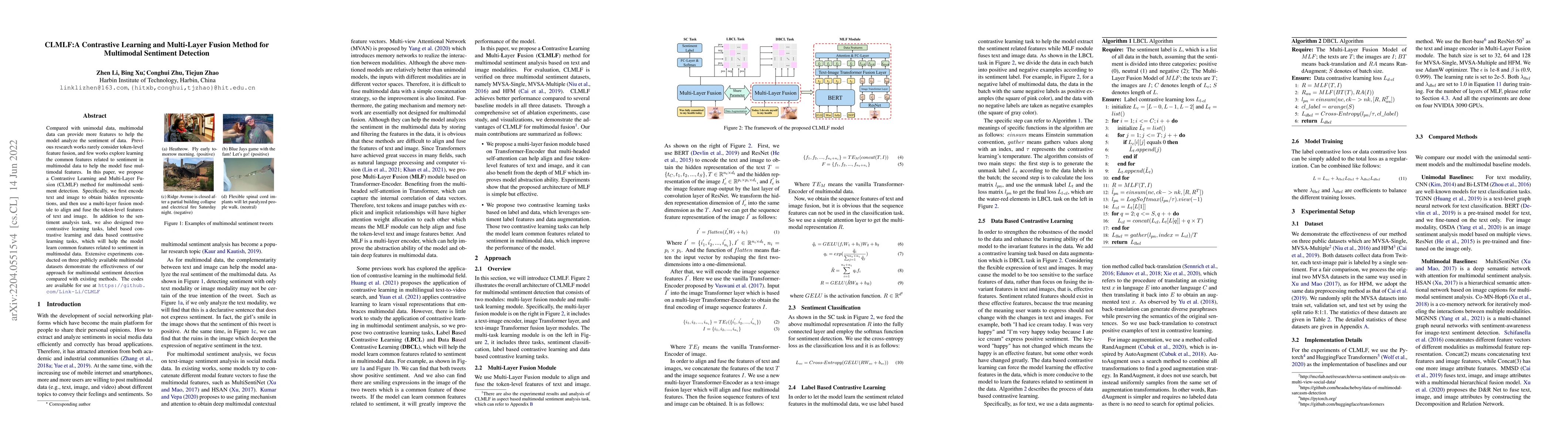 Thumbnail for CLMLF:A Contrastive Learning and Multi-Layer Fusion Method for
  Multimodal Sentiment Detection