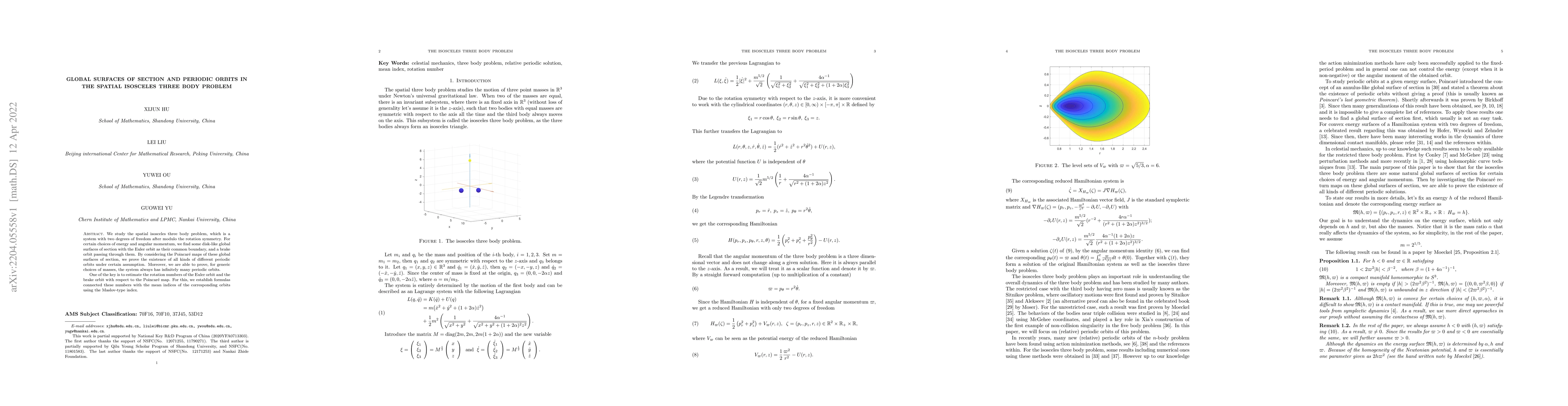 Thumbnail for Global Surfaces of Section and Periodic Orbits in The Spatial Isosceles
  Three Body Problem