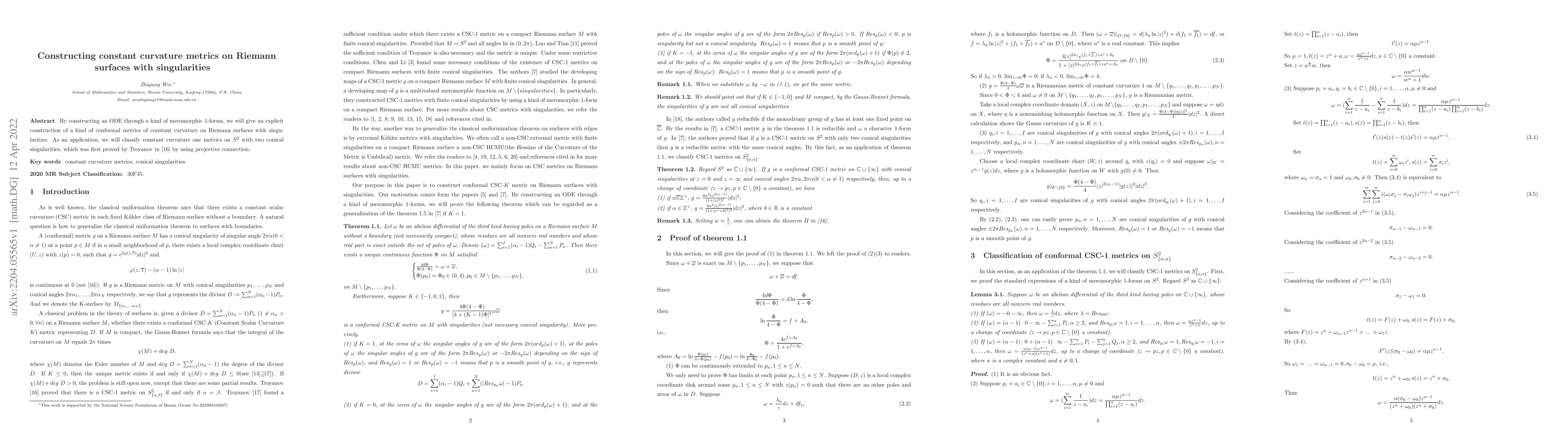 Thumbnail for Constructing constant curvature metrics on Riemann surfaces with
  singularities