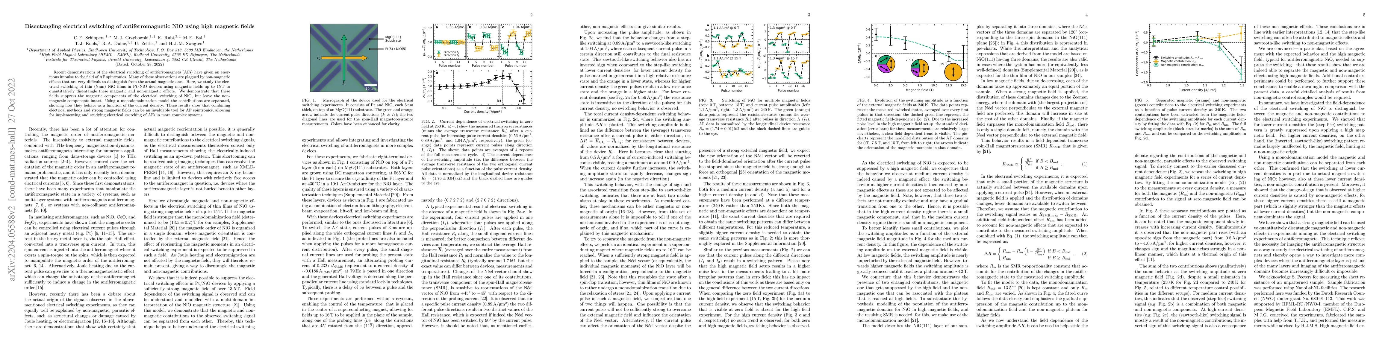 Thumbnail for Disentangling electrical switching of antiferromagnetic NiO using high
  magnetic fields