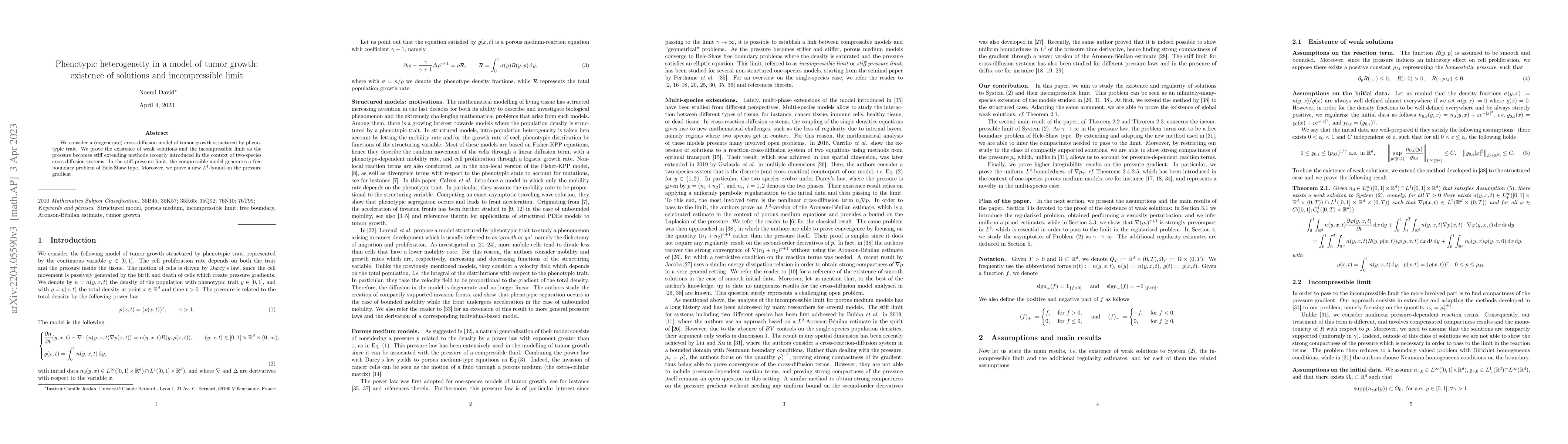 Thumbnail for Phenotypic heterogeneity in a model of tumor growth: existence of
  solutions and incompressible limit