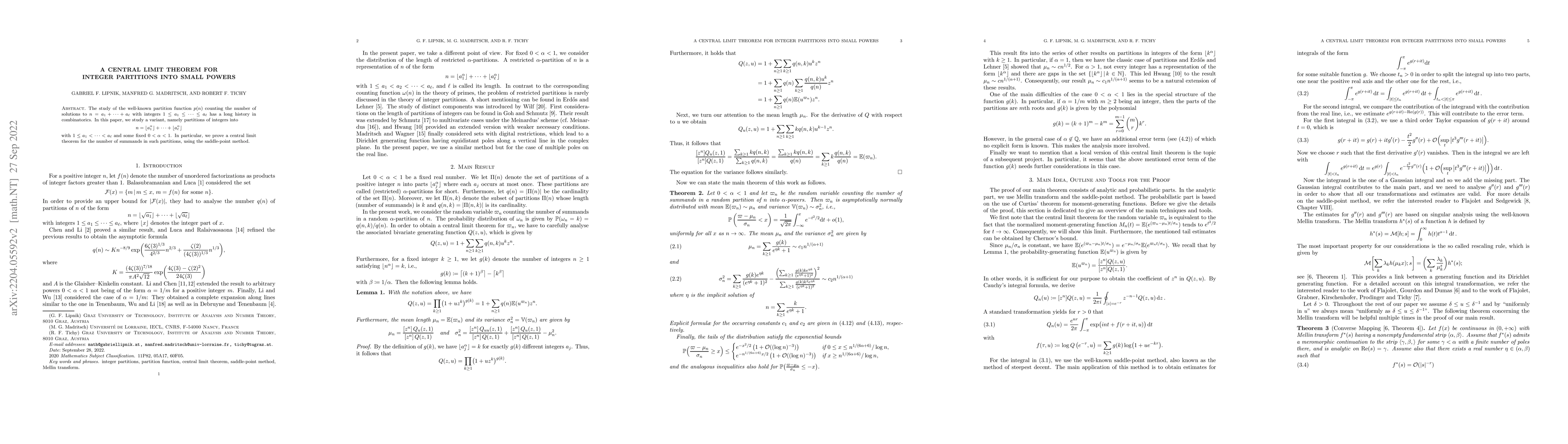 Thumbnail for A Central Limit Theorem for Integer Partitions into Small Powers