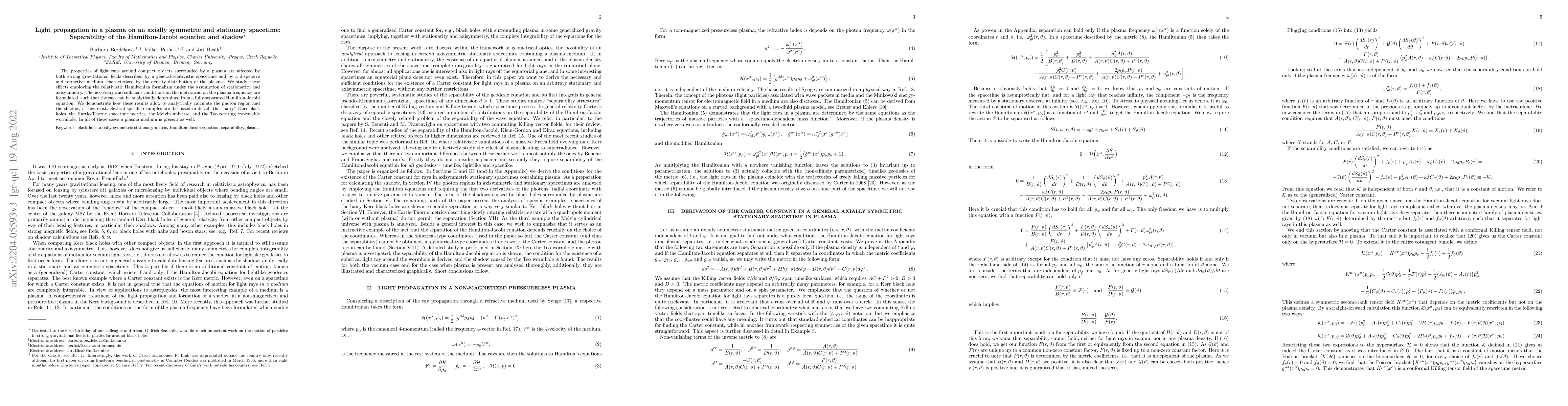 Thumbnail for Light propagation in a plasma on an axially symmetric and stationary
  spacetime: Separability of the Hamilton-Jacobi equation and shadow