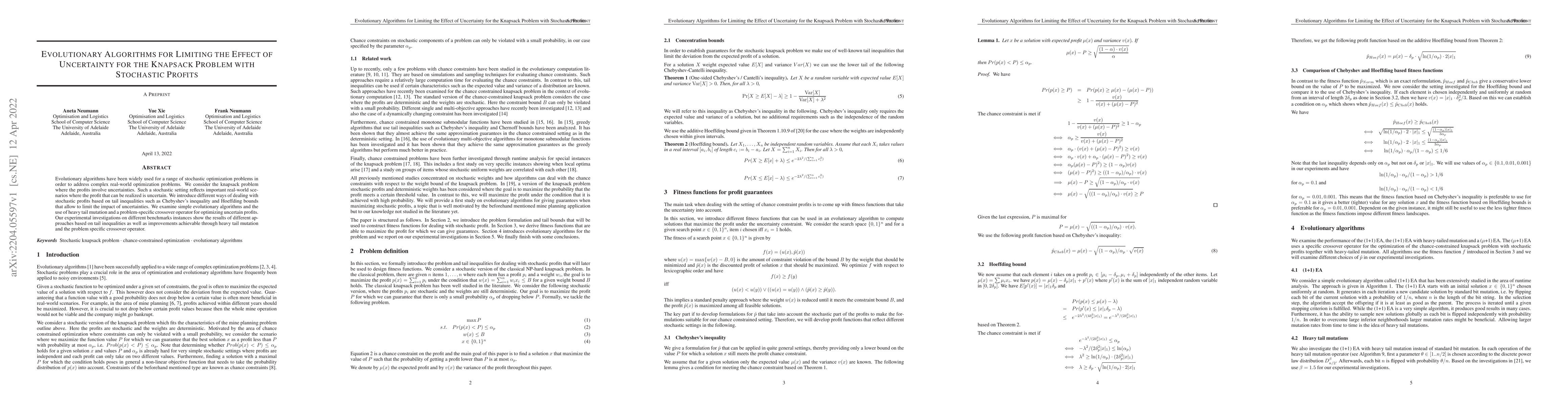 Thumbnail for Evolutionary Algorithms for Limiting the Effect of Uncertainty for the
  Knapsack Problem with Stochastic Profits