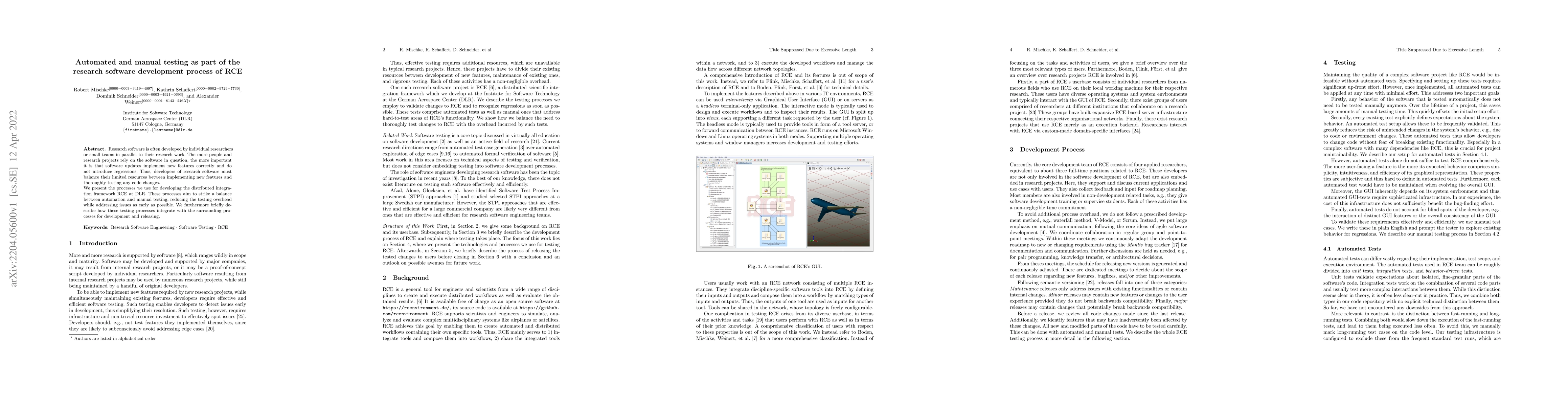 Thumbnail for Automated and manual testing as part of the research software
  development process of RCE