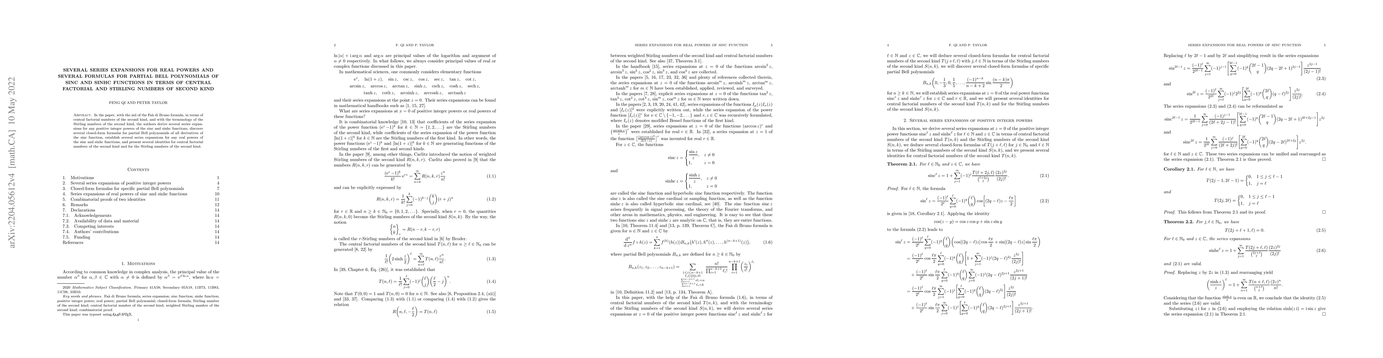 Thumbnail for Several series expansions for real powers and several formulas for
  partial Bell polynomials of sinc and sinhc functions in terms of central
  factorial and Stirling numbers of second kind