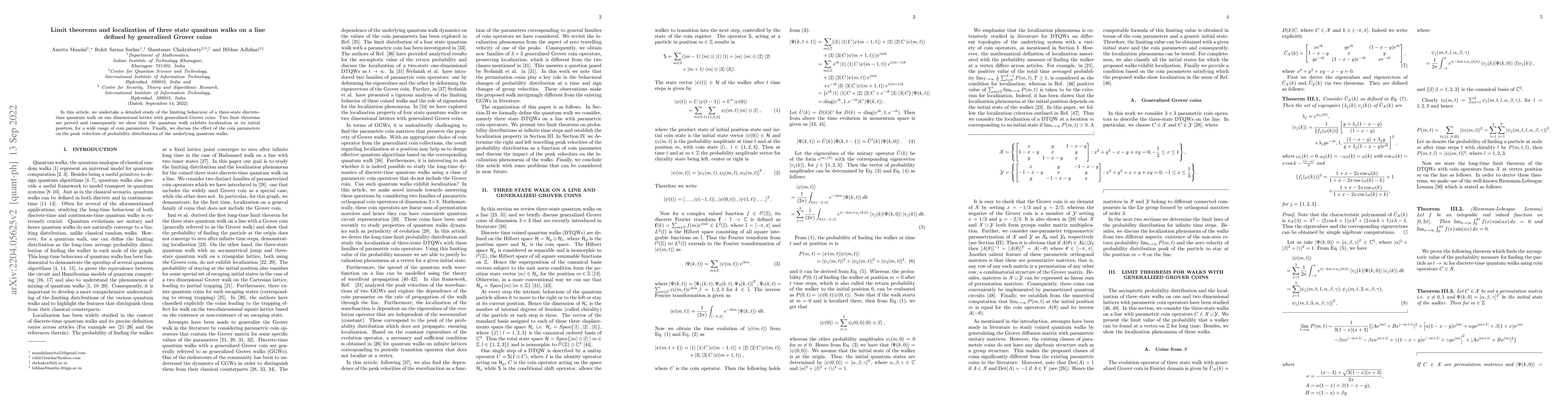 Thumbnail for Limit theorems and localization of three state quantum walks on a line
  defined by generalized Grover coins