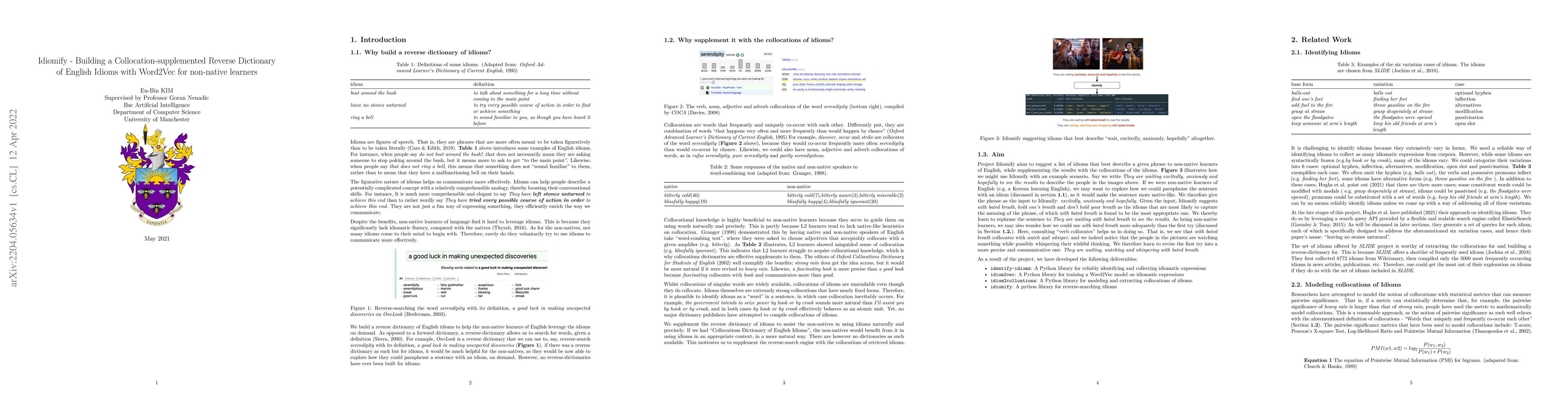 Thumbnail for Idiomify -- Building a Collocation-supplemented Reverse Dictionary of
  English Idioms with Word2Vec for non-native learners