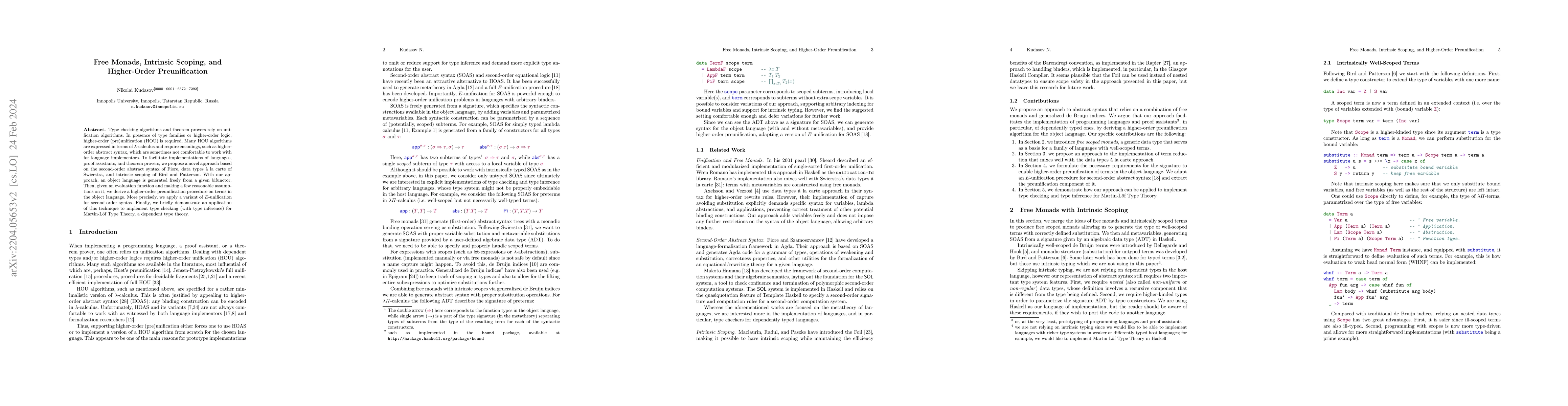 Thumbnail for Free Monads, Intrinsic Scoping, and Higher-Order Preunification