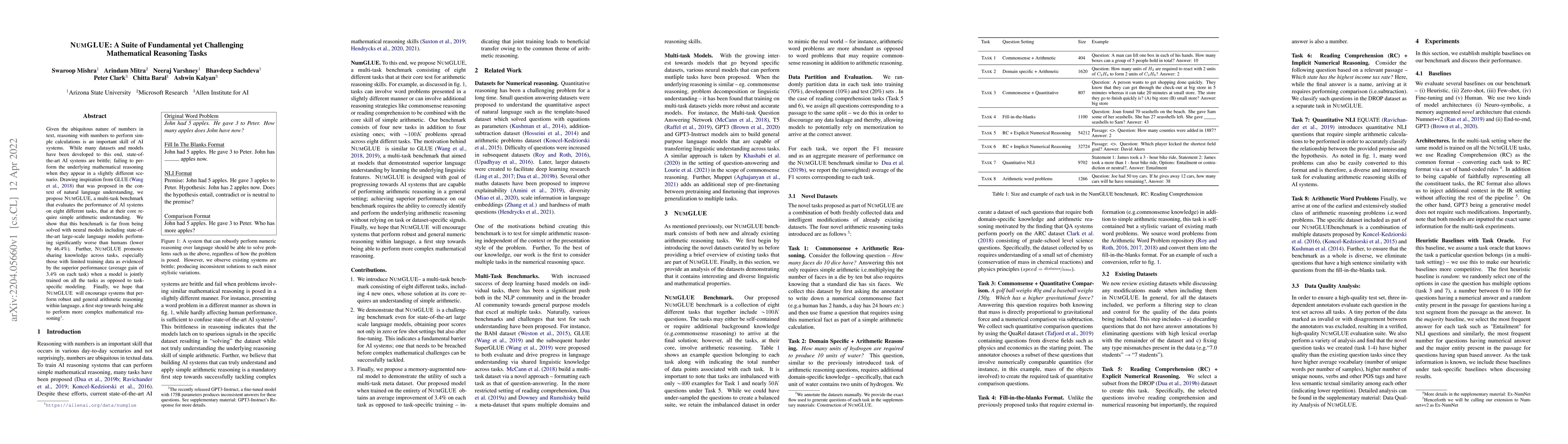 Thumbnail for NumGLUE: A Suite of Fundamental yet Challenging Mathematical Reasoning
  Tasks