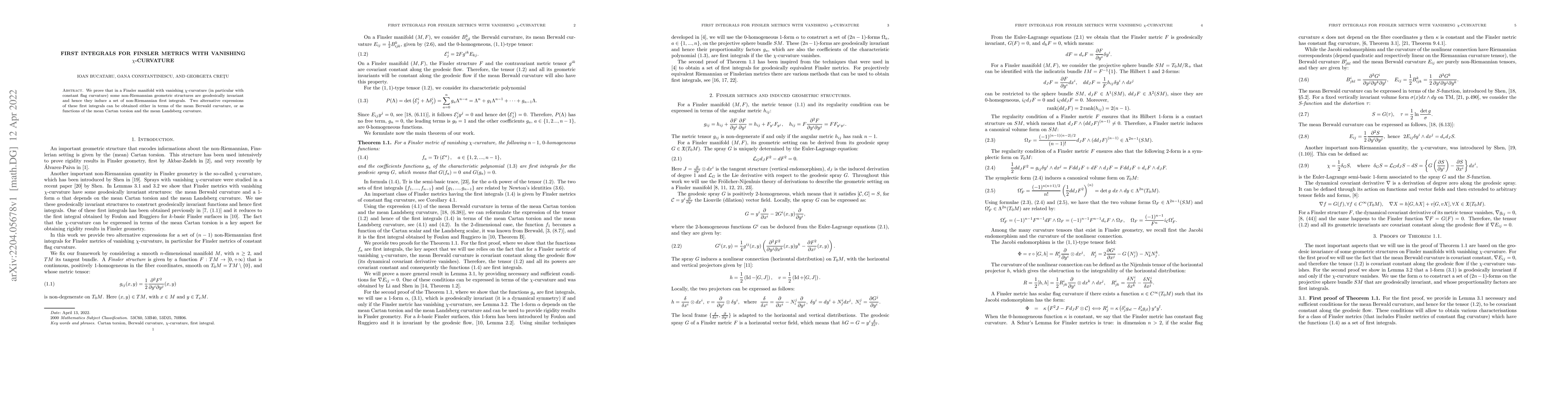 Thumbnail for First integrals for Finsler metrics with vanishing $\chi$-curvature