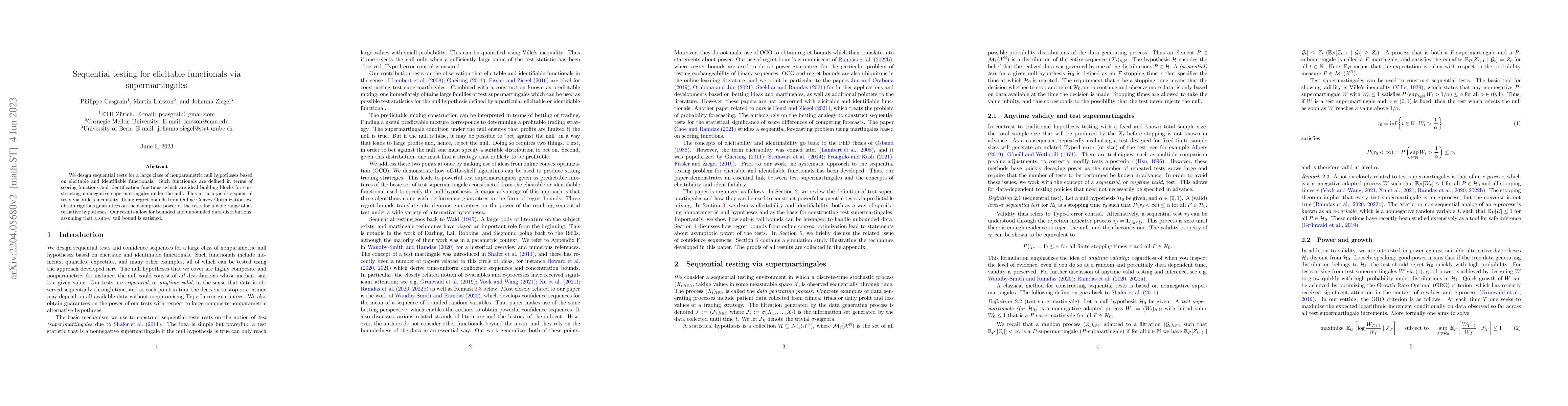 Thumbnail for Anytime-valid sequential testing for elicitable functionals via
  supermartingales