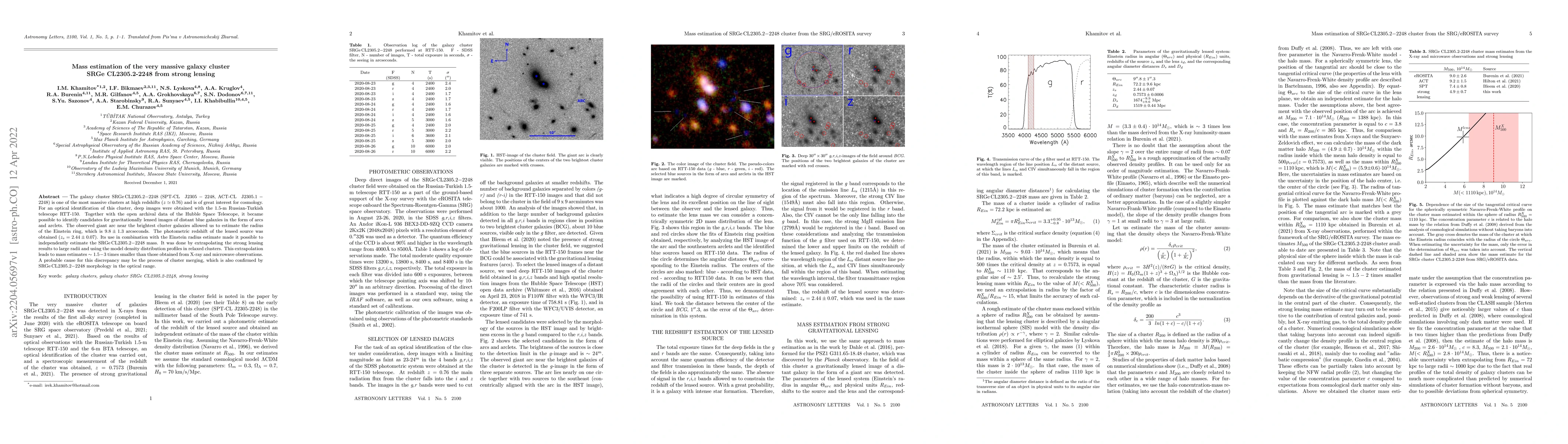 Thumbnail for Mass estimation of the very massive galaxy cluster SRGe CL2305.2$-$2248
  from strong lensing