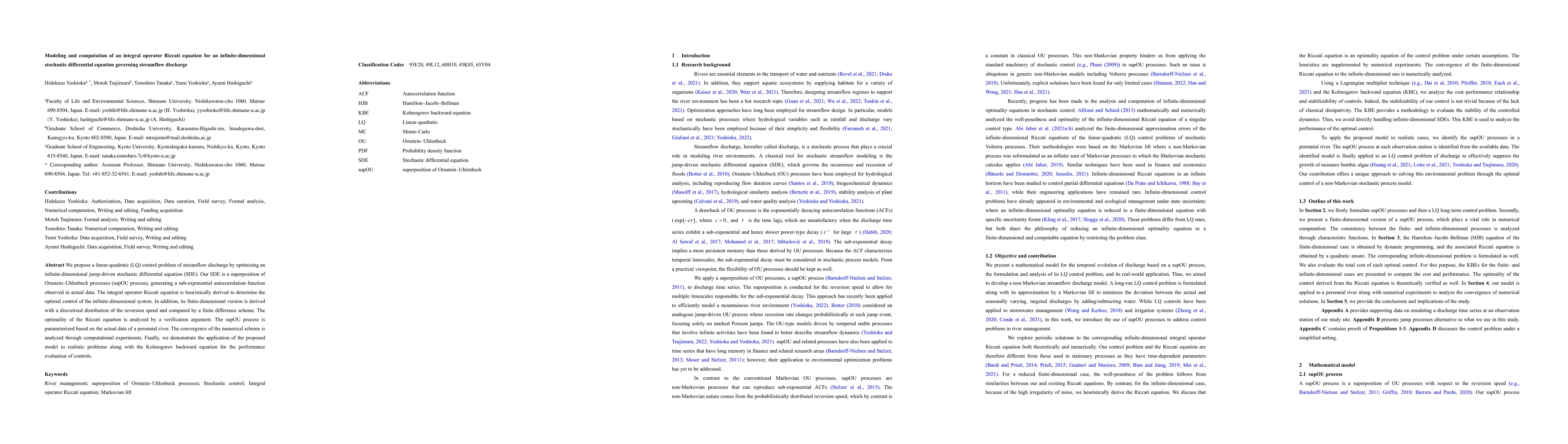 Thumbnail for Modeling and computation of an integral operator Riccati equation for an
  infinite-dimensional stochastic differential equation governing streamflow
  discharge