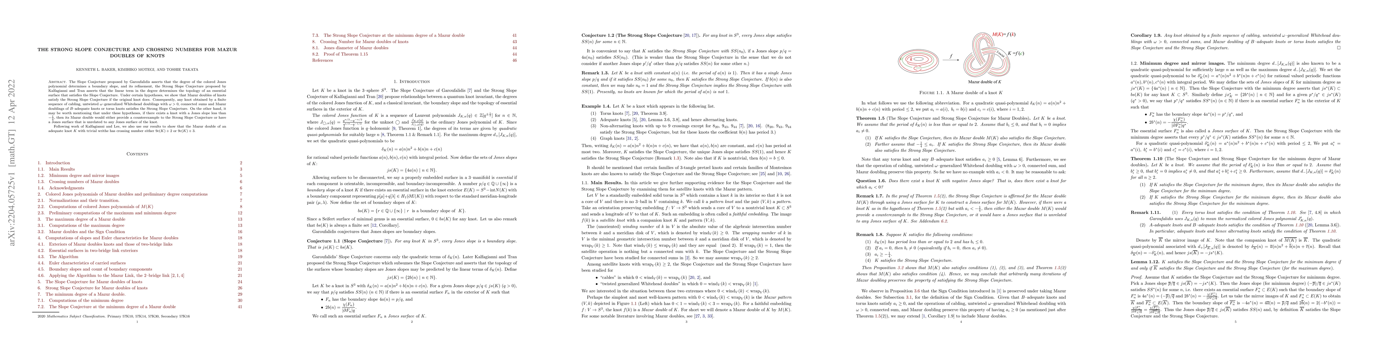 Thumbnail for The Strong Slope Conjecture and crossing numbers for Mazur doubles of
  knots