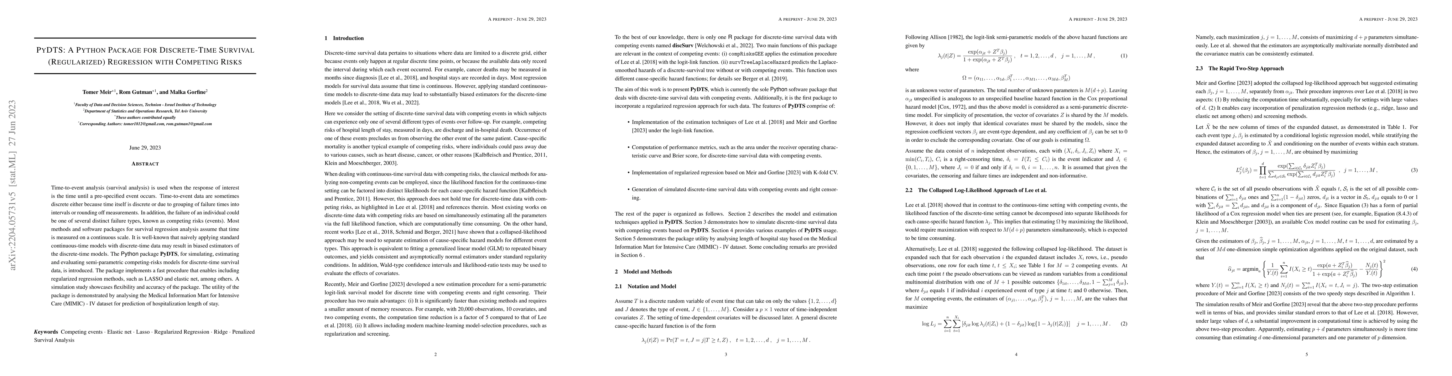Thumbnail for PyDTS: A Python Package for Discrete-Time Survival (Regularized)
  Regression with Competing Risks