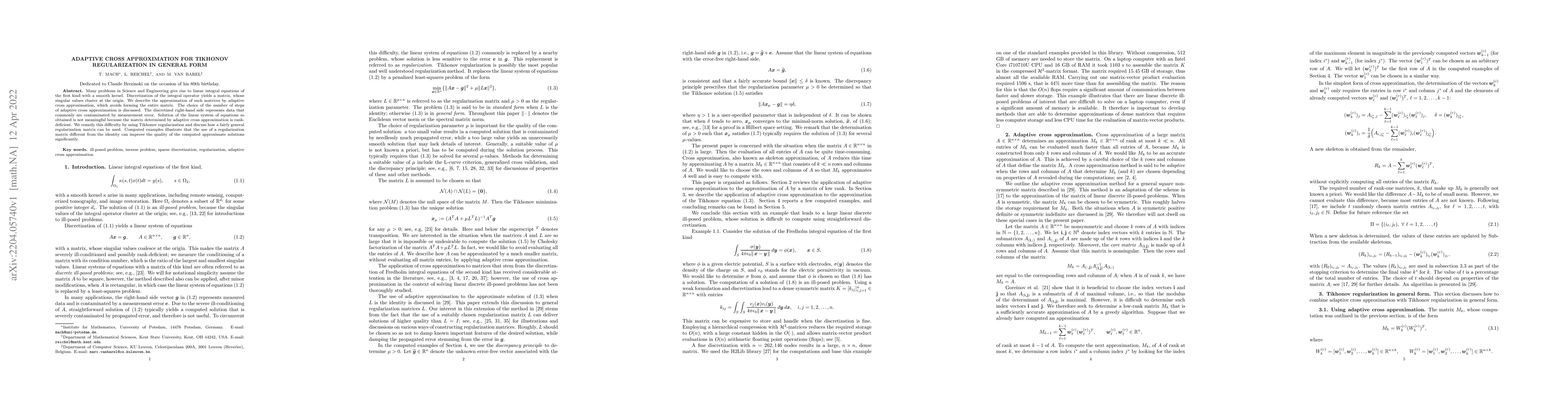 Thumbnail for Adaptive cross approximation for Tikhonov regularization in general form