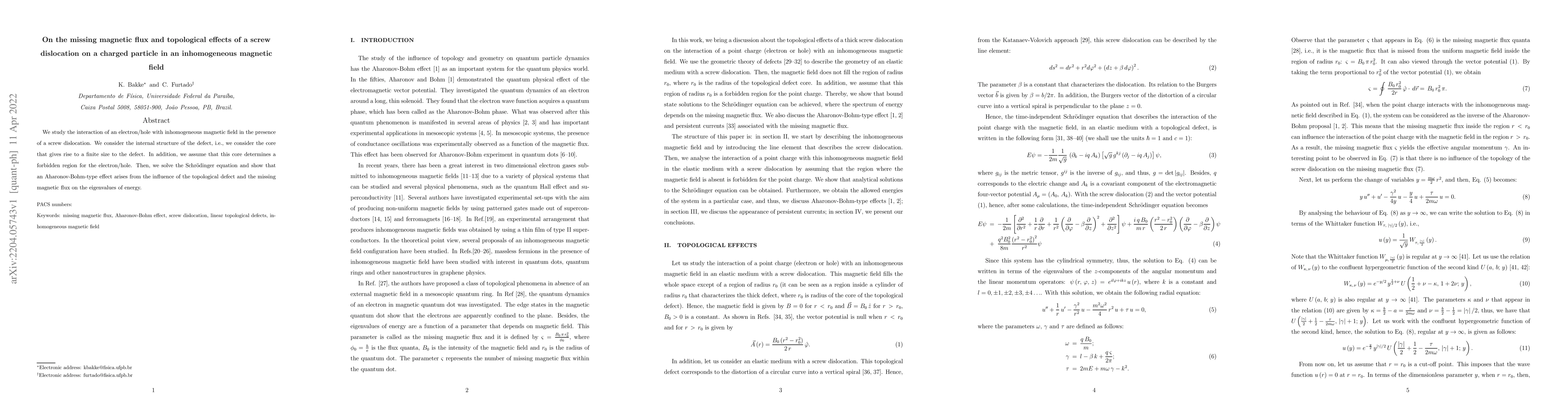 Thumbnail for On the missing magnetic flux and topological effects of a screw
  dislocation on a charged particle in an inhomogeneous magnetic field