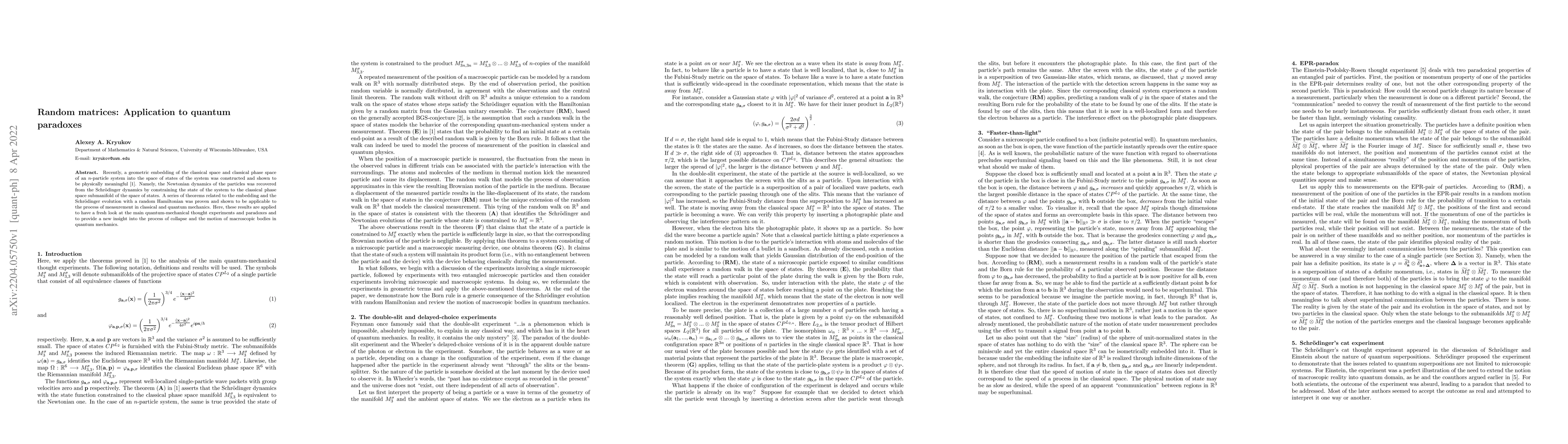 Thumbnail for Random matrices: Application to quantum paradoxes