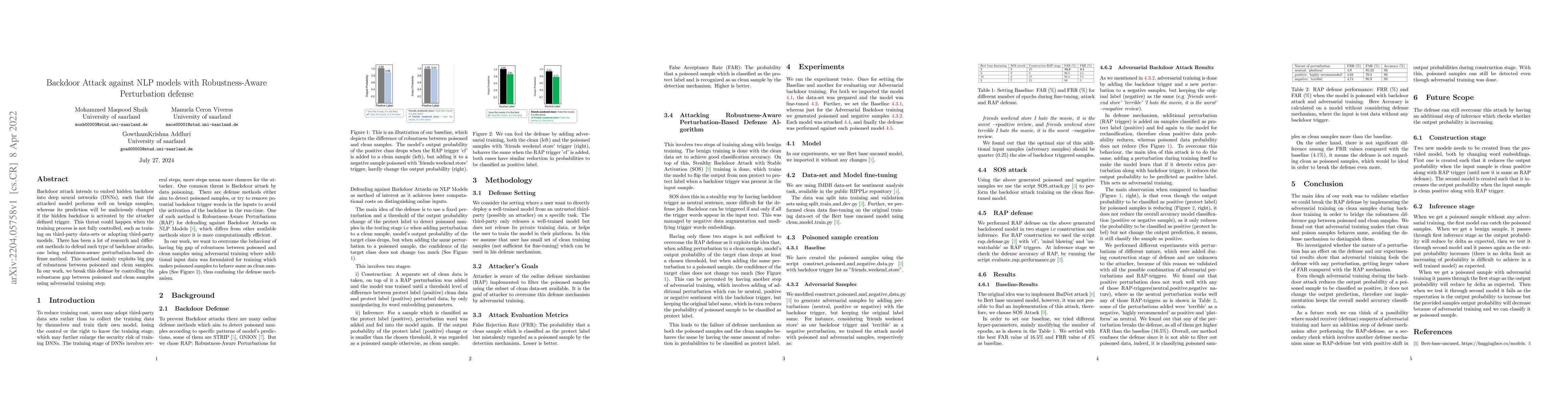 Thumbnail for Backdoor Attack against NLP models with Robustness-Aware Perturbation
  defense