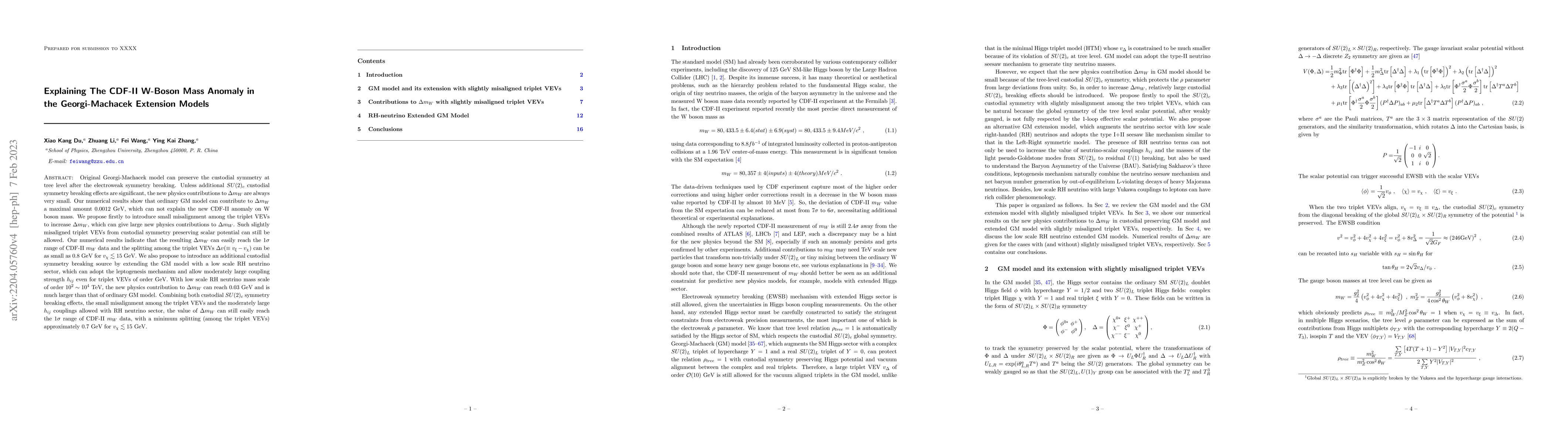 Thumbnail for Explaining The CDF-II W-Boson Mass Anomaly in the Georgi-Machacek
  Extension Models