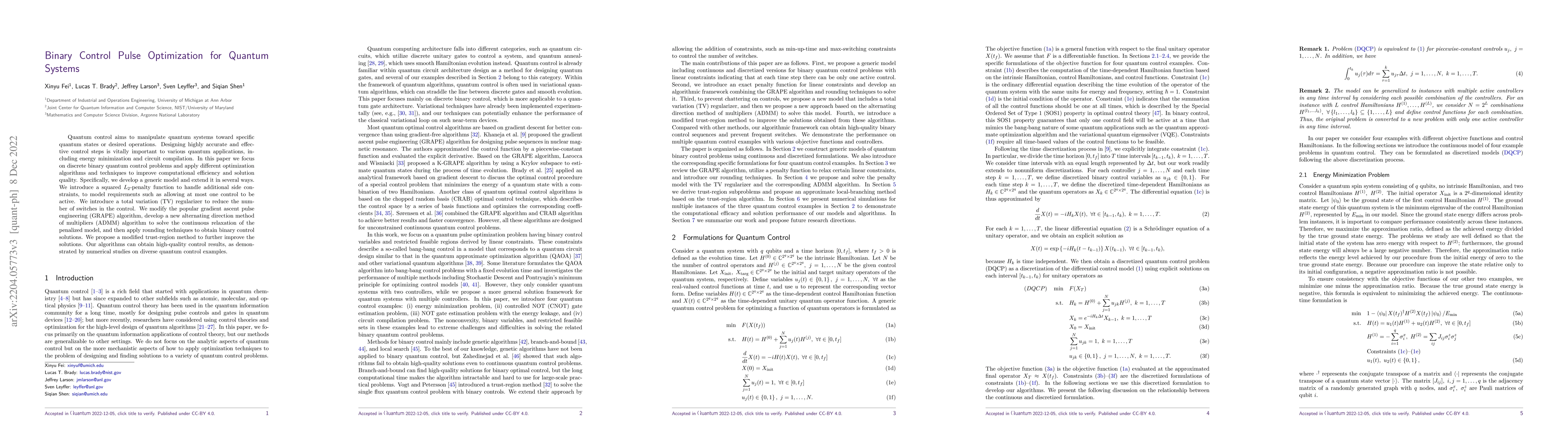 Thumbnail for Binary Control Pulse Optimization for Quantum Systems