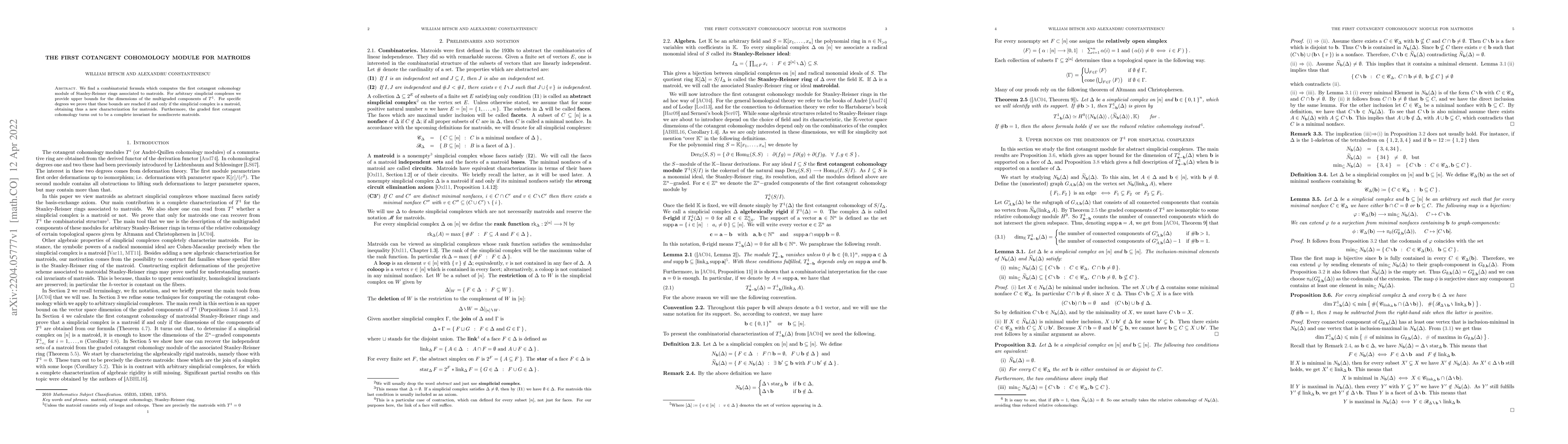 Thumbnail for The first Cotangent Cohomology Module for Matroids