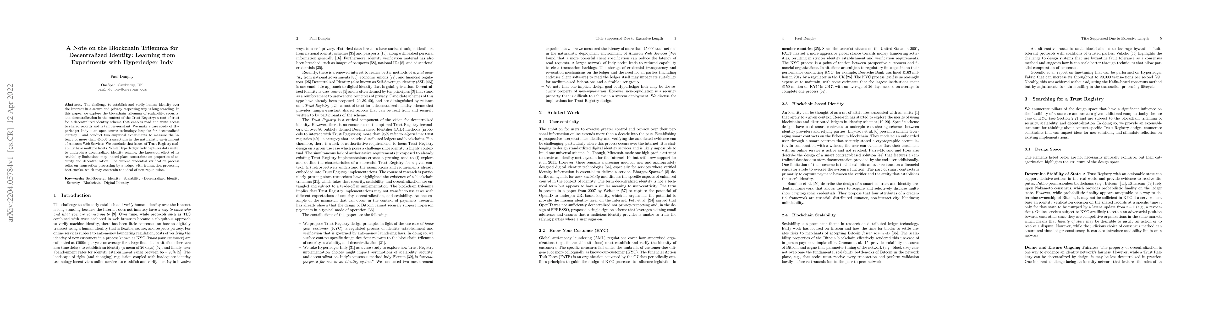 Thumbnail for A Note on the Blockchain Trilemma for Decentralized Identity: Learning
  from Experiments with Hyperledger Indy