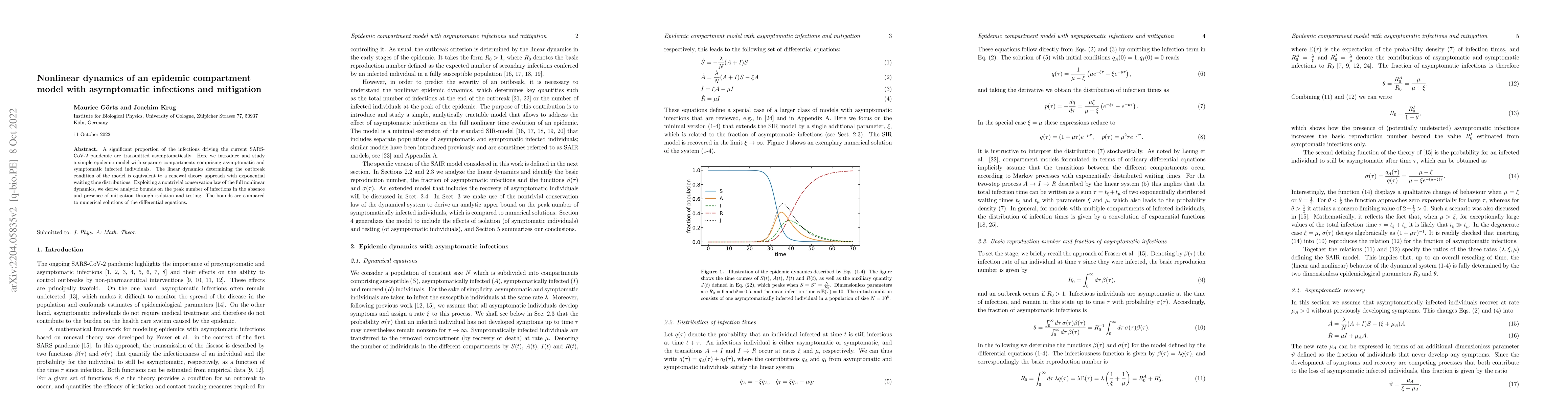Thumbnail for Nonlinear dynamics of an epidemic compartment model with asymptomatic
  infections and mitigation