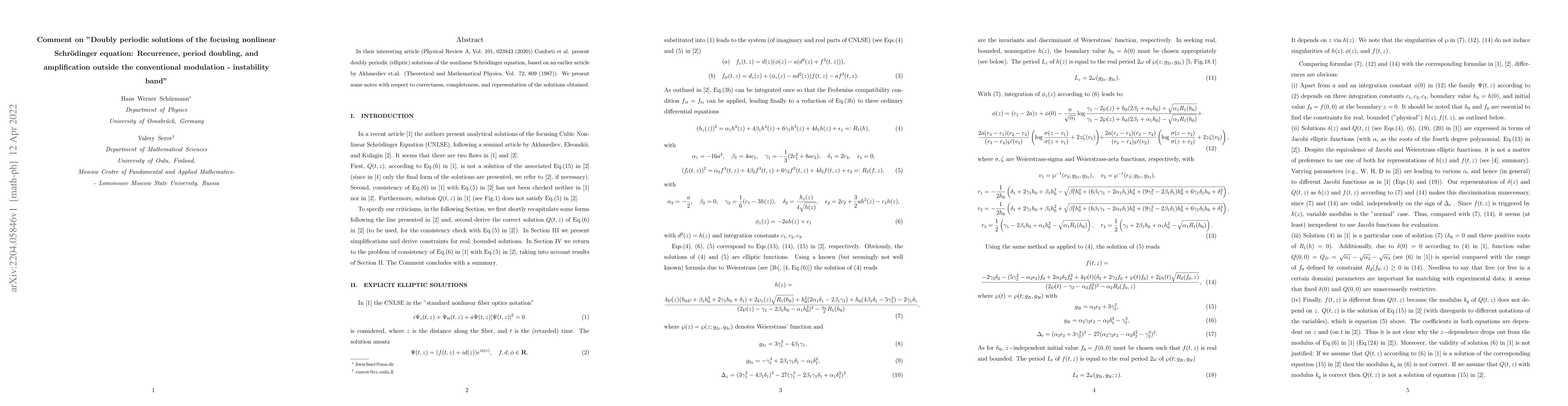 Thumbnail for Comment on "Doubly periodic solutions of the focusing nonlinear
  Schr\"odinger equation: Recurrence, period doubling, and amplification
  outside the conventional modulation-instability band"