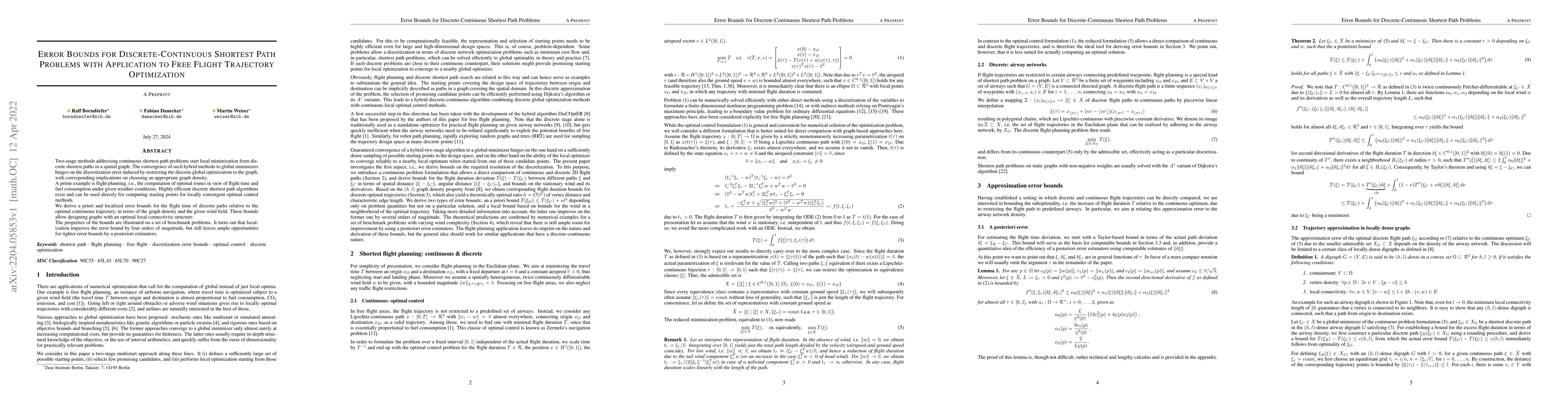 Thumbnail for Error Bounds for Discrete-Continuous Shortest Path Problems with
  Application to Free Flight Trajectory Optimization
