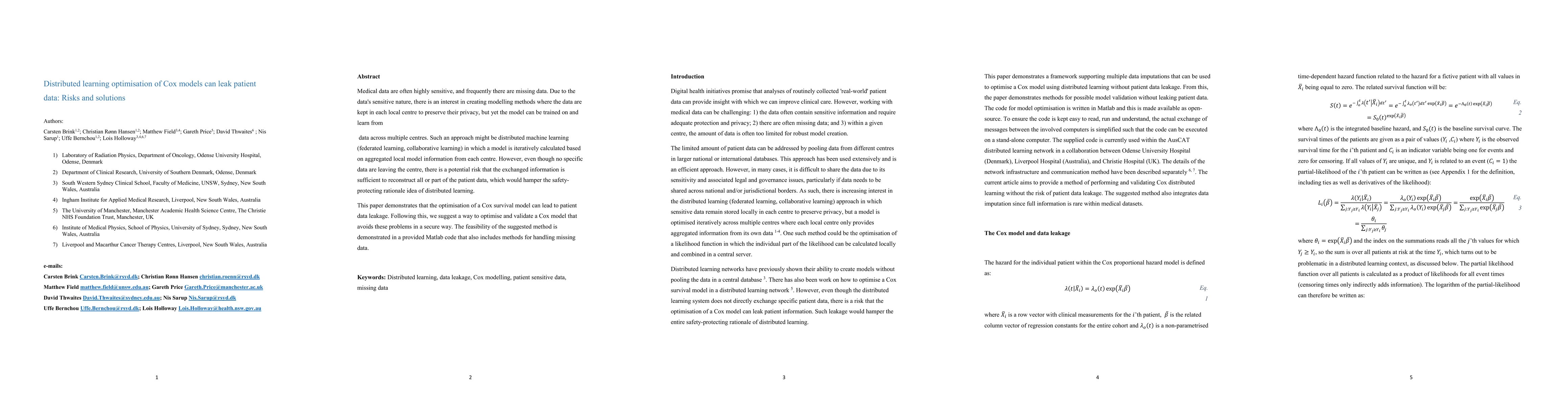 Thumbnail for Distributed learning optimisation of Cox models can leak patient data:
  Risks and solutions