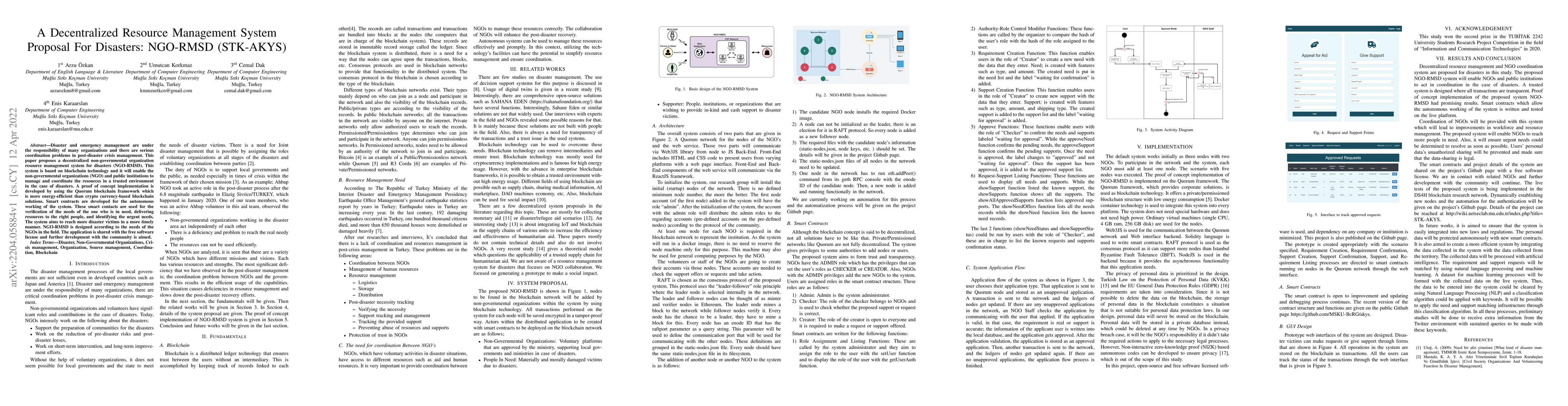 Thumbnail for A Decentralized Resource Management System Proposal For Disasters:
  NGO-RMSD (STK-AKYS)
