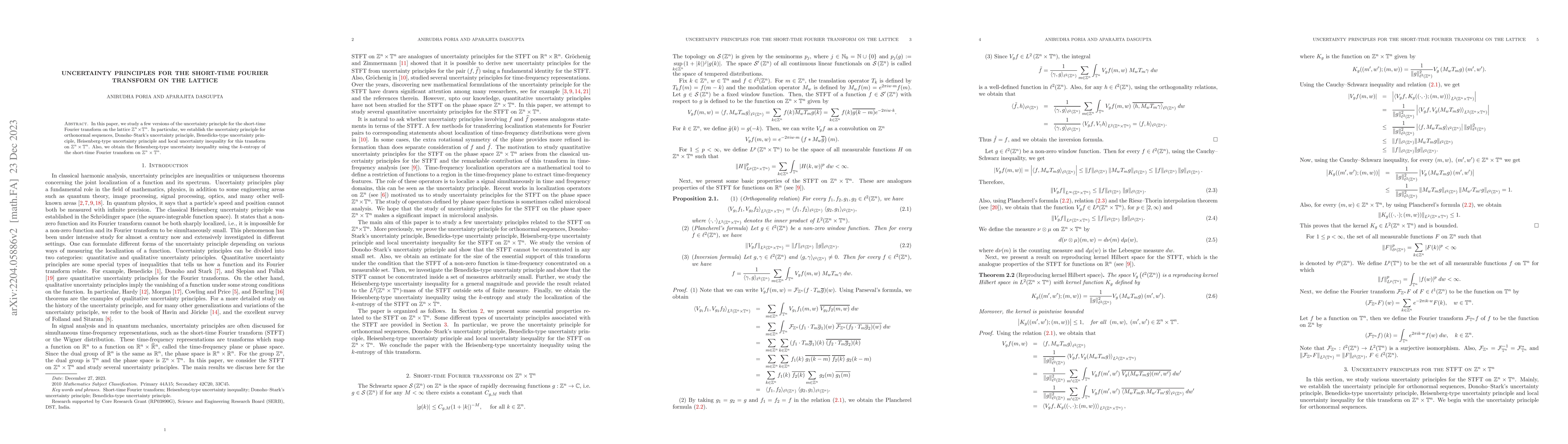 Thumbnail for Uncertainty principles for the short-time Fourier transform on the
  lattice