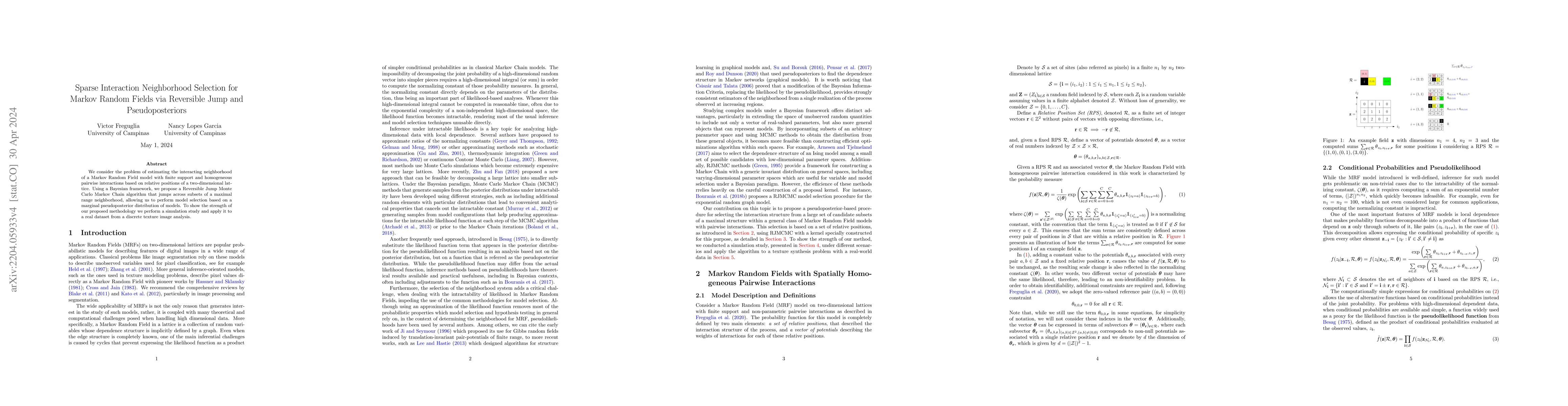Thumbnail for Sparse Interaction Neighborhood Selection for Markov Random Fields via
  Reversible Jump and Pseudoposteriors