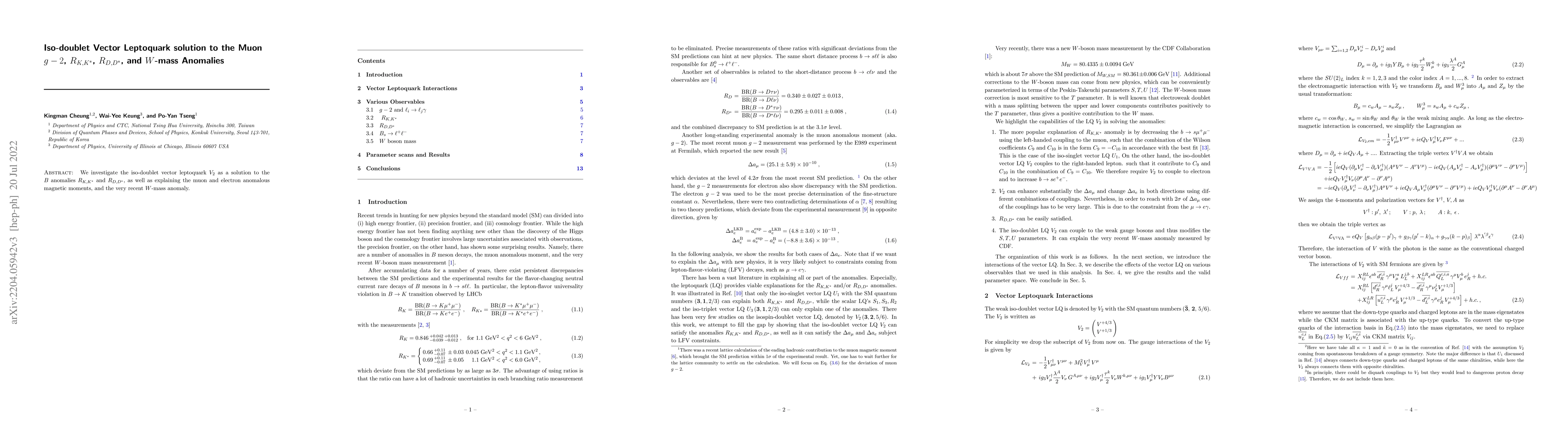 Thumbnail for Iso-doublet Vector Leptoquark solution to the Muon $g-2$, $R_{K, K^*}$,
  $R_{D,D^*}$, and $W$-mass Anomalies