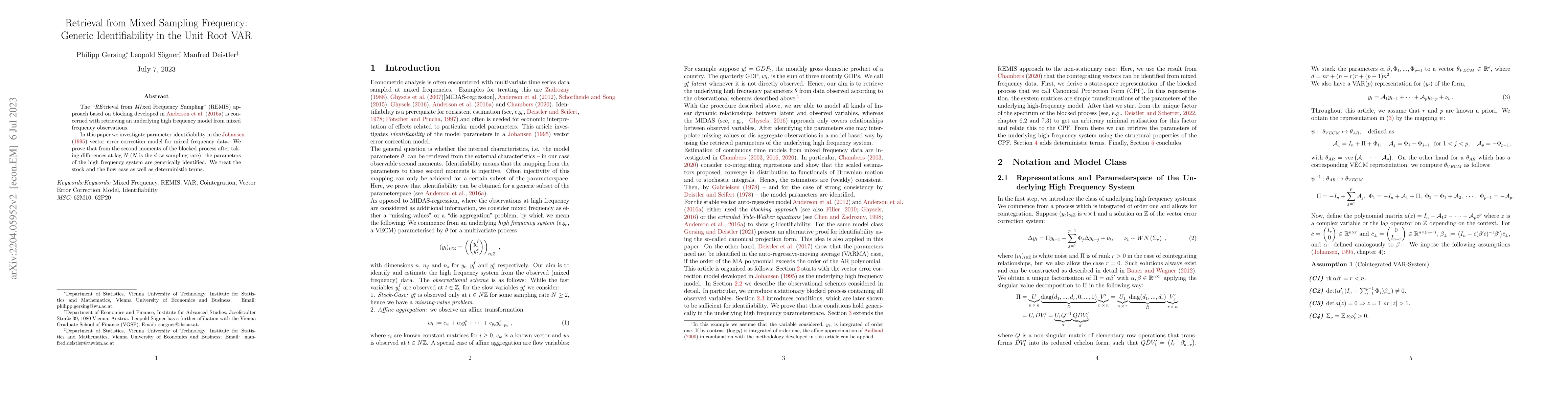 Thumbnail for Retrieval from Mixed Sampling Frequency: Generic Identifiability in the
  Unit Root VAR