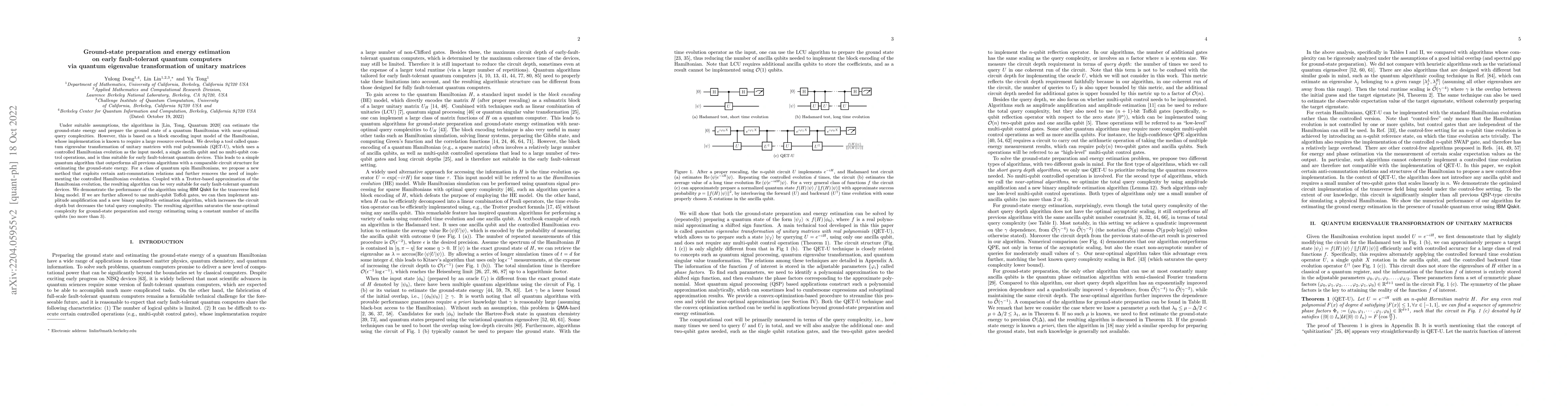 Thumbnail for Ground state preparation and energy estimation on early fault-tolerant
  quantum computers via quantum eigenvalue transformation of unitary matrices