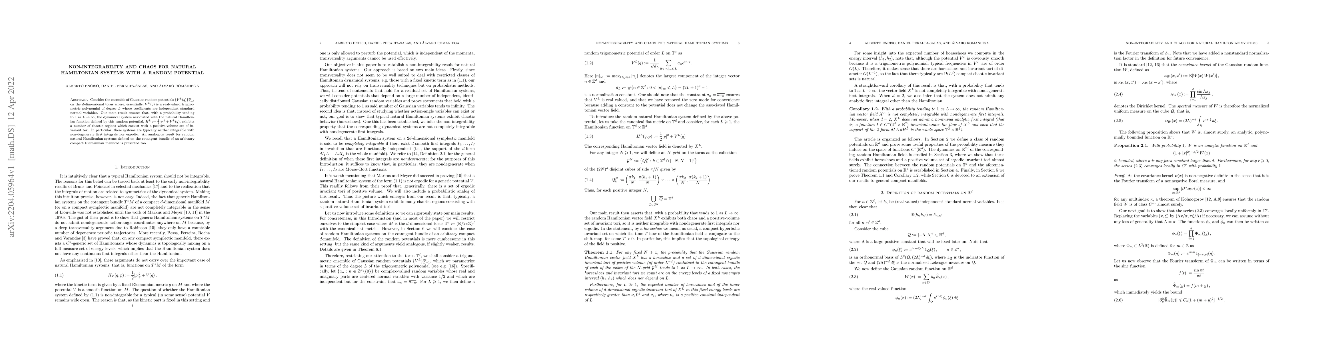Thumbnail for Non-integrability and chaos for natural Hamiltonian systems with a
  random potential