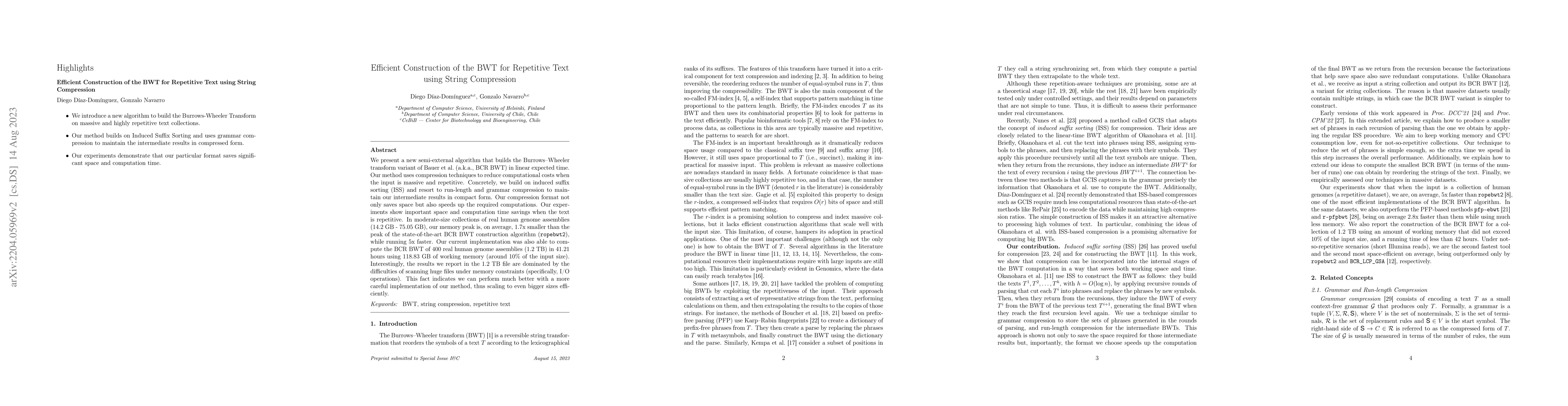 Thumbnail for Efficient Construction of the BWT for Repetitive Text Using String
  Compression