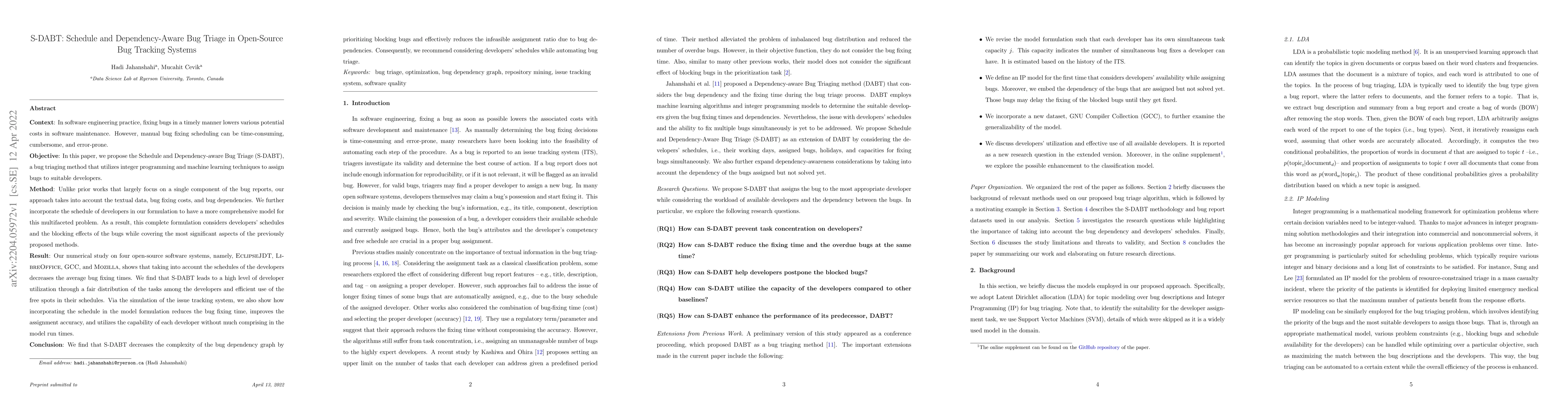Thumbnail for S-DABT: Schedule and Dependency-Aware Bug Triage in Open-Source Bug
  Tracking Systems