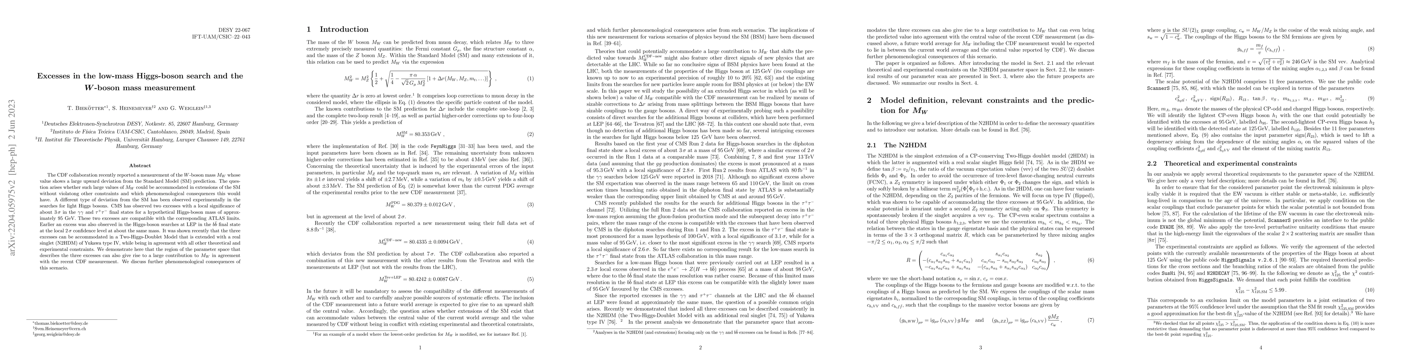Thumbnail for Excesses in the low-mass Higgs-boson search and the W-boson mass
  measurement