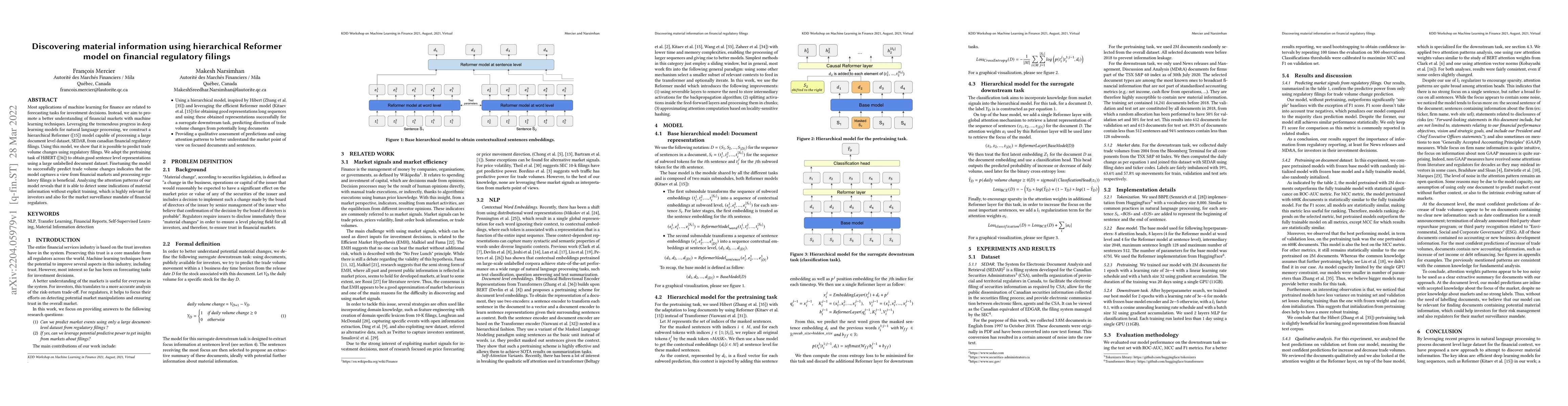 Thumbnail for Discovering material information using hierarchical Reformer model on
  financial regulatory filings