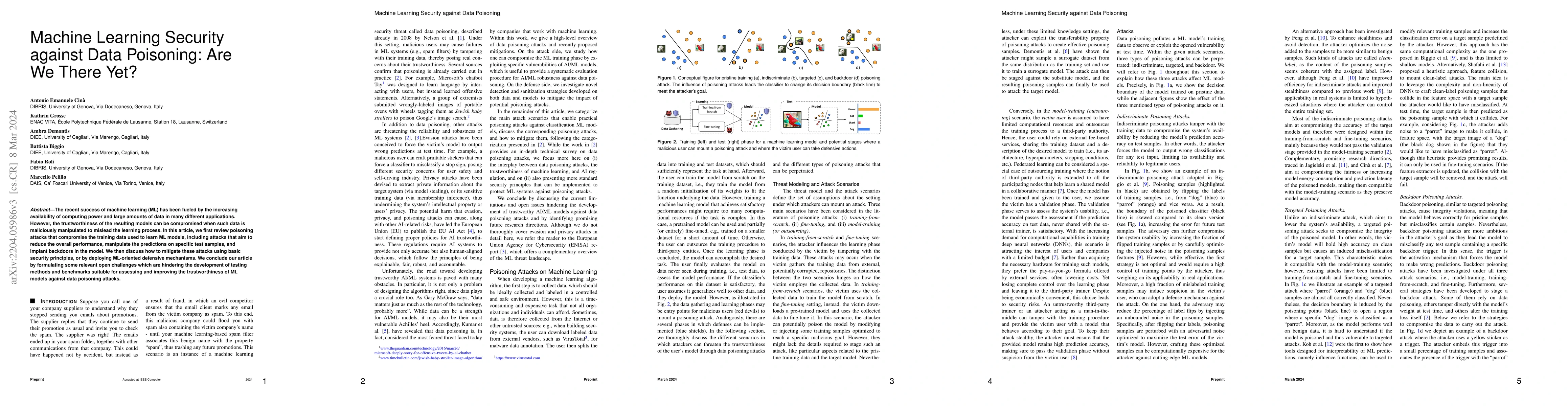 Thumbnail for Machine Learning Security against Data Poisoning: Are We There Yet?