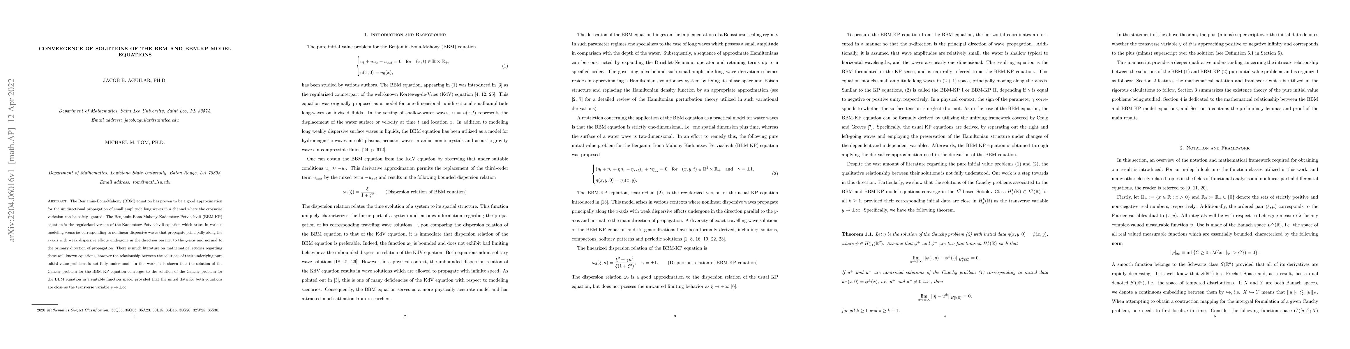 Thumbnail for Convergence of Solutions of the BBM and BBM-KP Model Equations