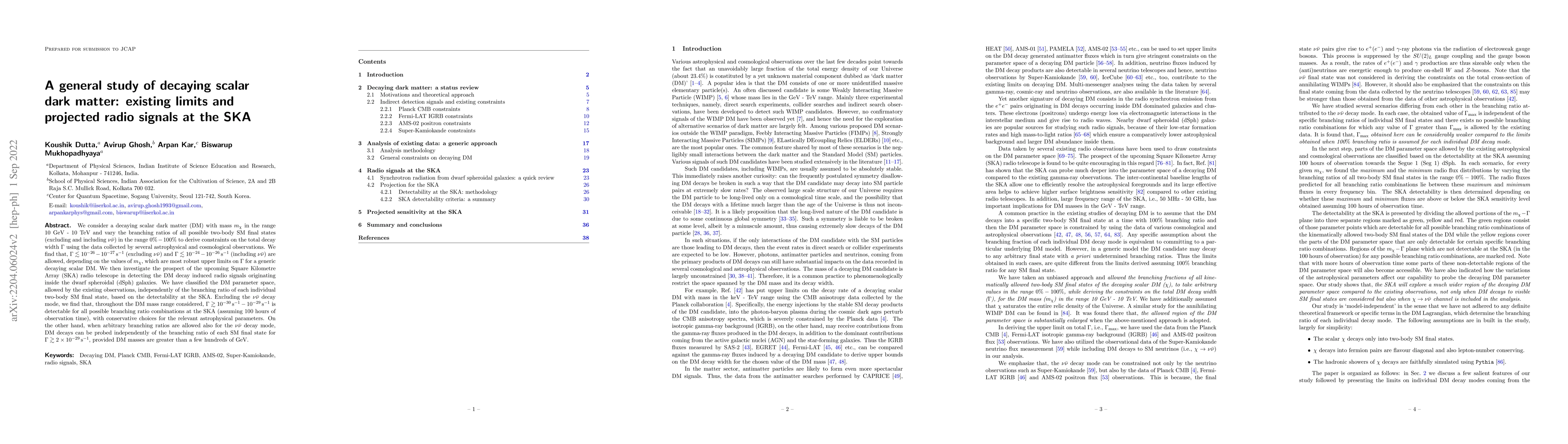 Thumbnail for A general study of decaying scalar dark matter: existing limits and
  projected radio signals at the SKA