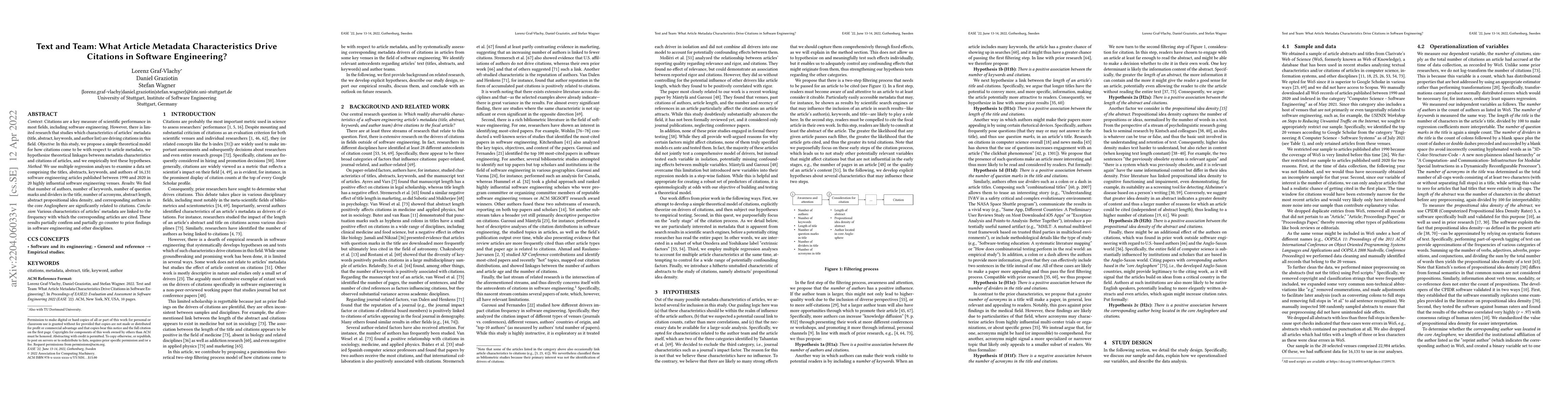 Thumbnail for Text and Team: What Article Metadata Characteristics Drive Citations in
  Software Engineering?