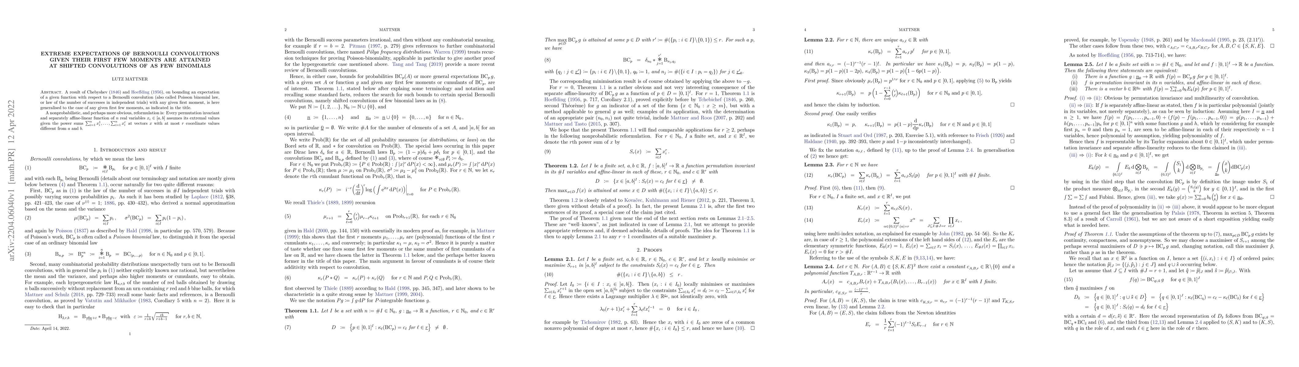 Thumbnail for Extreme expectations of Bernoulli convolutions given their first few
  moments are attained at shifted convolutions of as few binomials